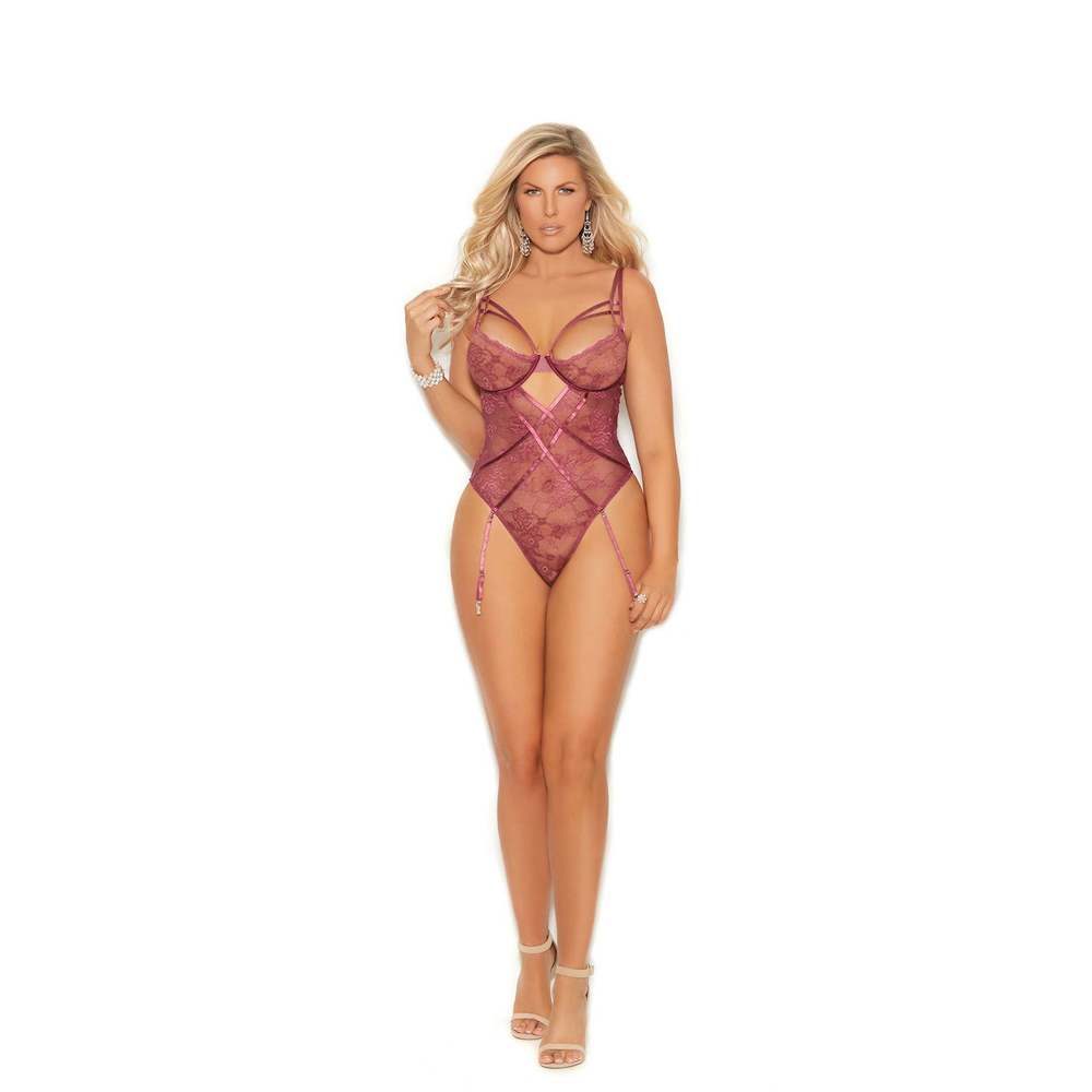 Lace slip on teddiette with strappy front detail, underwire cups